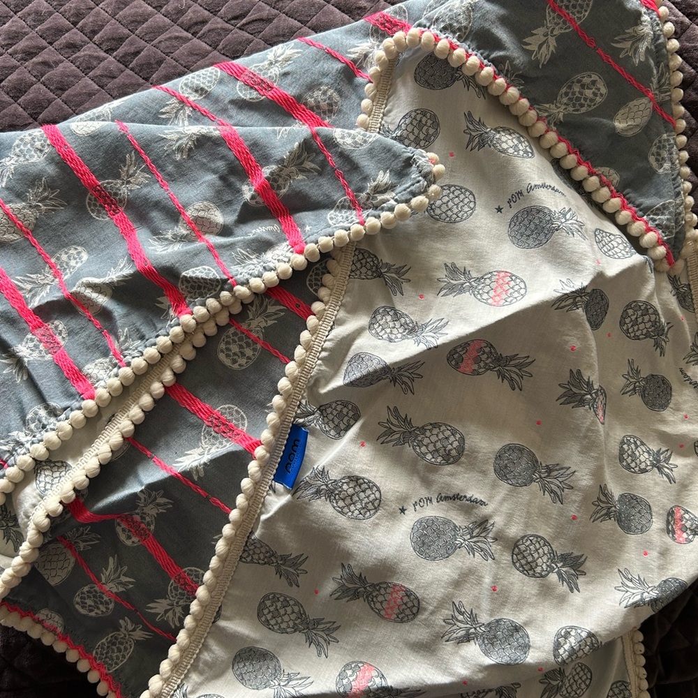 Gray and pink pom triangle scarf with Pineapple Print.